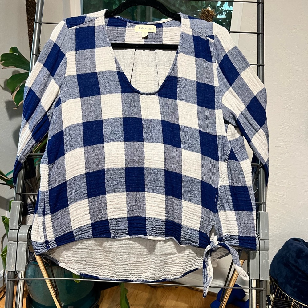 Cloth & Stone Blue and Cream Plaid Top with tie side & split bell sleeve detail
